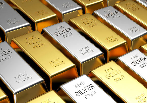 Gold and silver bars lined up
